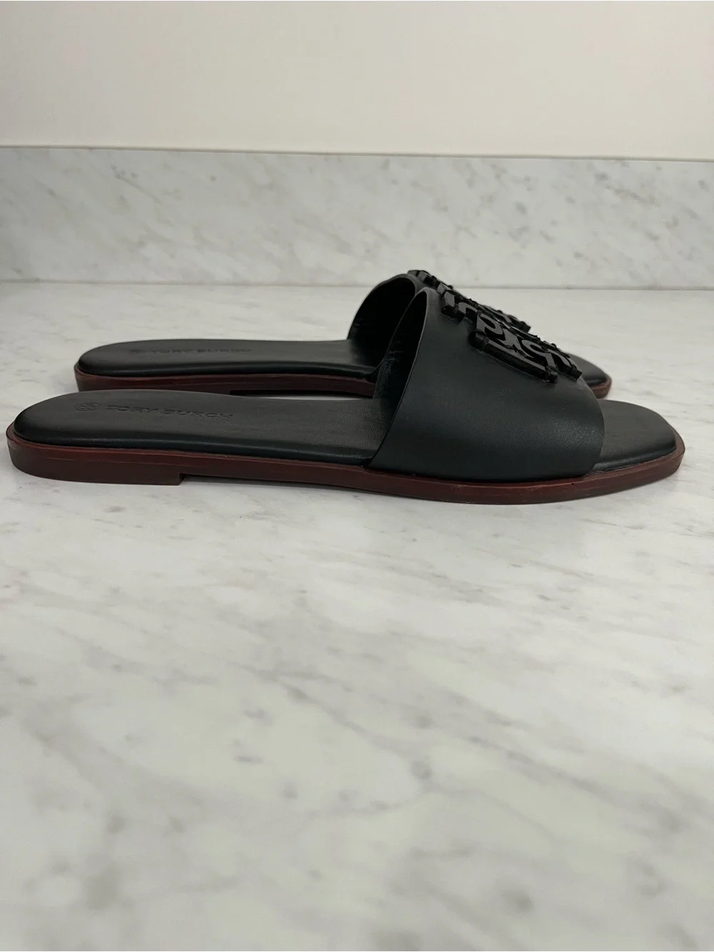 Tory Burch Ines Slide Sandals Black Leather Double T Logo Slides Size 8.5